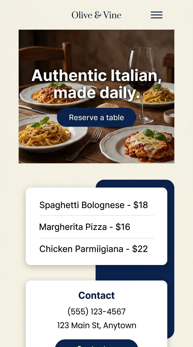 Example restaurant website on mobile